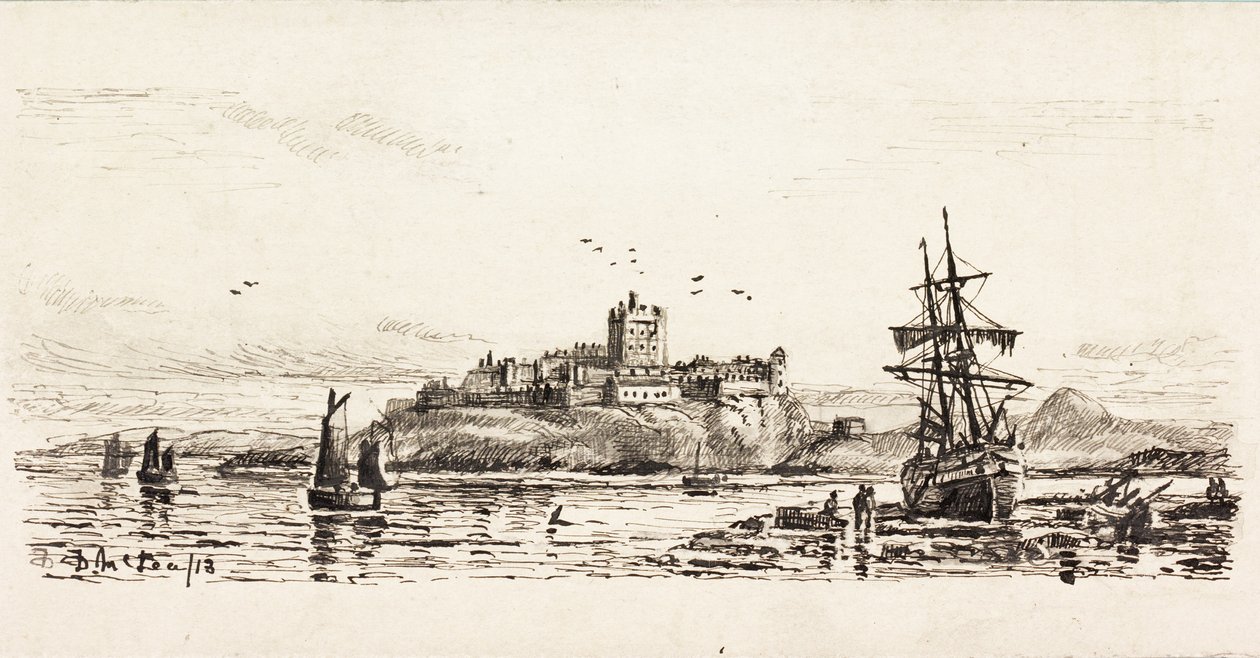 Holland Schooner megfeneklett Bamburghban (tinta a kártyán) alkotó: Duncan F. McLea