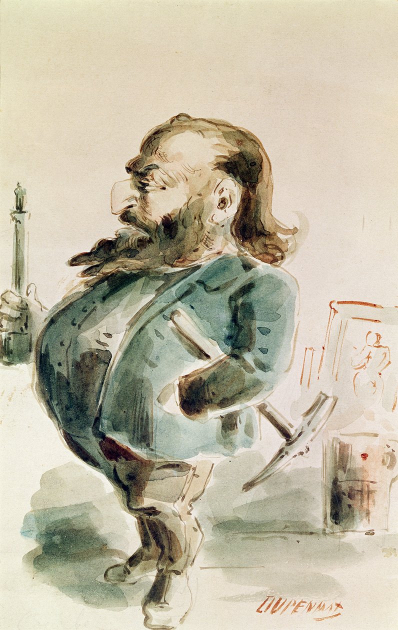 Gustave Courbet (1819-77) karikatúrája a Colonne de Vendome-mal a kezében alkotó: Dupendant