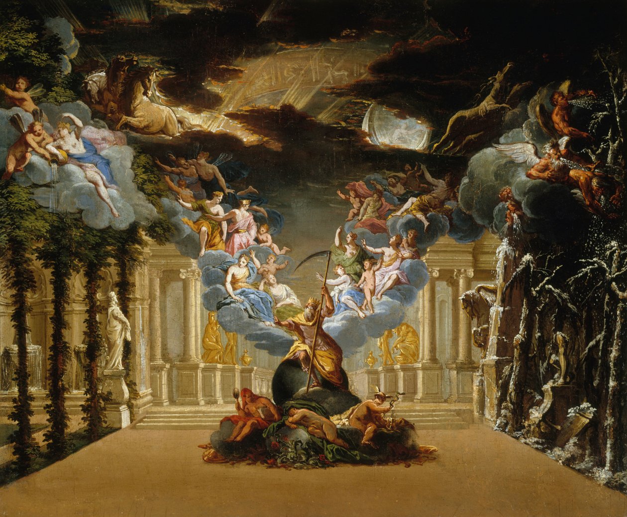 Színpadterve Jean-Baptiste Lully Atys Tragédie-lyrique prológusához, c. 1708. alkotó: Duplessis