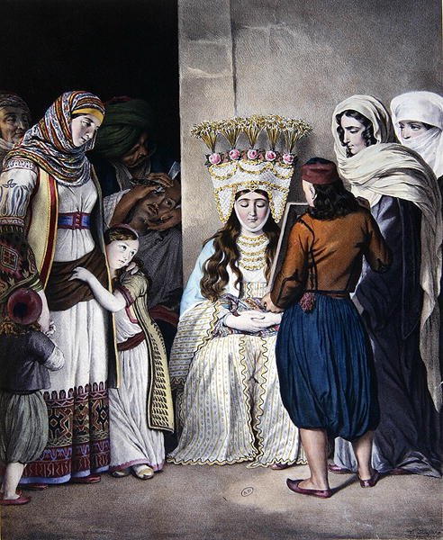 Görög ortodox esküvő Athénban (1825 körül) (színes litográfia) alkotó: Dupre Dupre