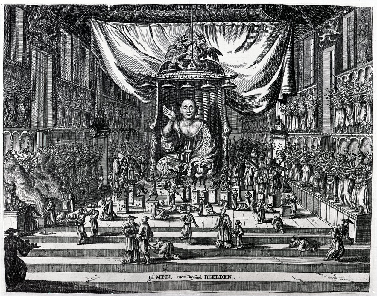 Buddhista templom, Arnoldus Montanus Atlas Chinensis című művéből készült illusztráció, 1671 alkotó: Dutch School