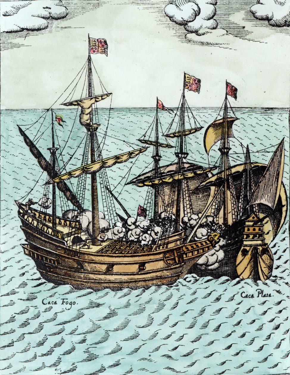 Egy spanyol kincseshajó, amelyet Francis Drake (kb. 1540-96) kifosztott a Csendes-óceánon (későbbi színezés) alkotó: Dutch School