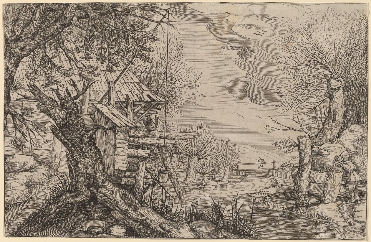 Táj rönkházzal a folyó közelében alkotó: Dutch 17th Century, formerly Jacques de Gheyn II