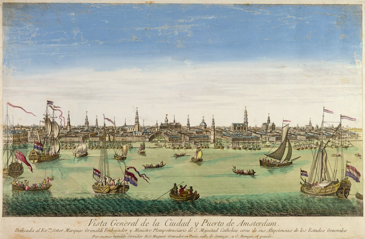 Amszterdam kikötőjének és városának általános képe, metszet: D.G. Hucquier, 16. század alkotó: Dutch School