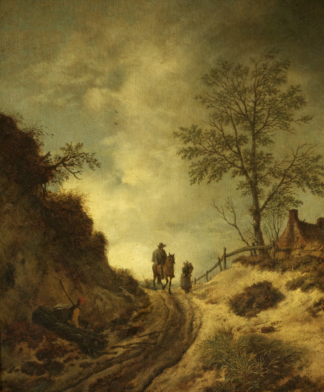 Egy lovas és más figurák egy dombos sávban (olaj a panelen) alkotó: Dutch School