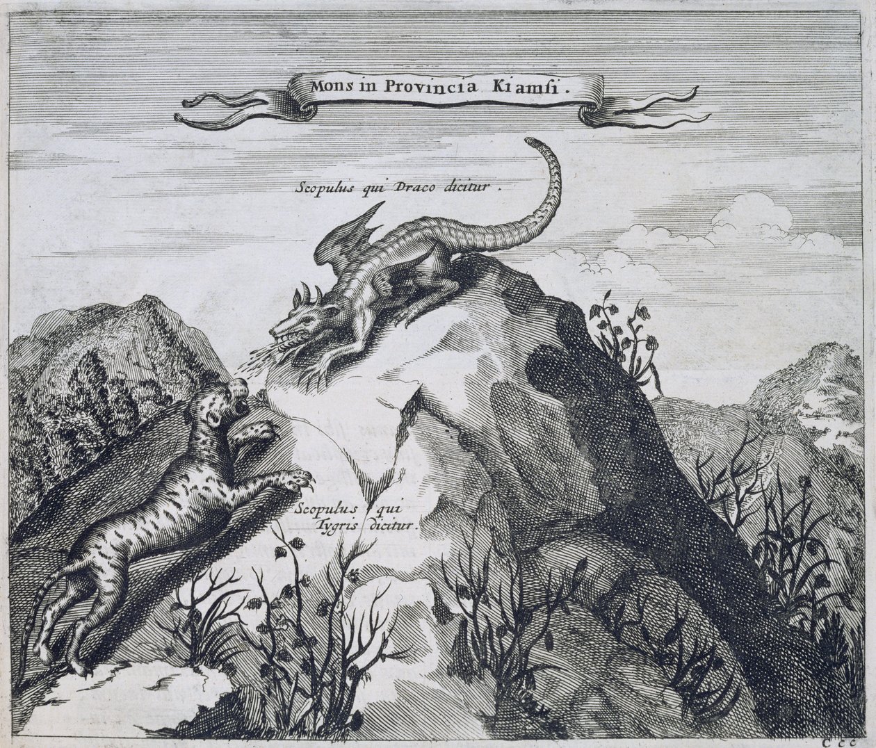 Egy hegy Jiangxi tartományban a Sárkány és a Tigris néven ismert sziklákkal, Kínából Illusztrálta: Athanasius Kircher (1601-80) 1667 alkotó: Dutch School
