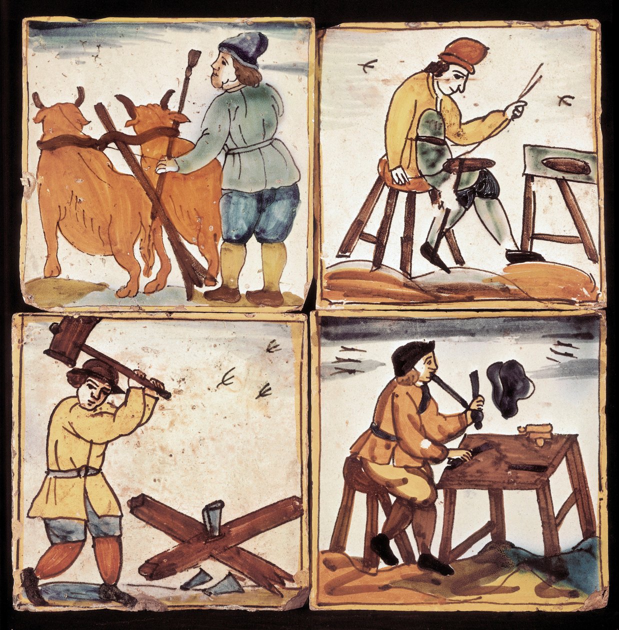Azulejos panel: szakmák ábrázolása, paraszti földművelés, takarító, rönkhasító és pipier (kerámia) alkotó: Dutch School