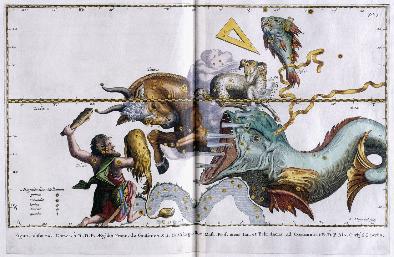A csillagképek égi térképe: Orion, Bika, Kos és Halak, 1666-1668 alkotó: Dutch School