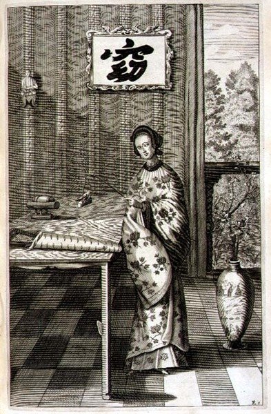 Kínai nő csalogánnyal, Athanasius Kircher (1601-80) „China Illustrated” című művéből, 1667 (metszet) alkotó: Dutch School