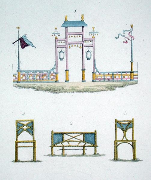 Kínai kapu és kerti ülések, G. van Laar „Magazine of Garden Gems” című könyvéből, 1802-ben (színes litho) alkotó: Dutch School