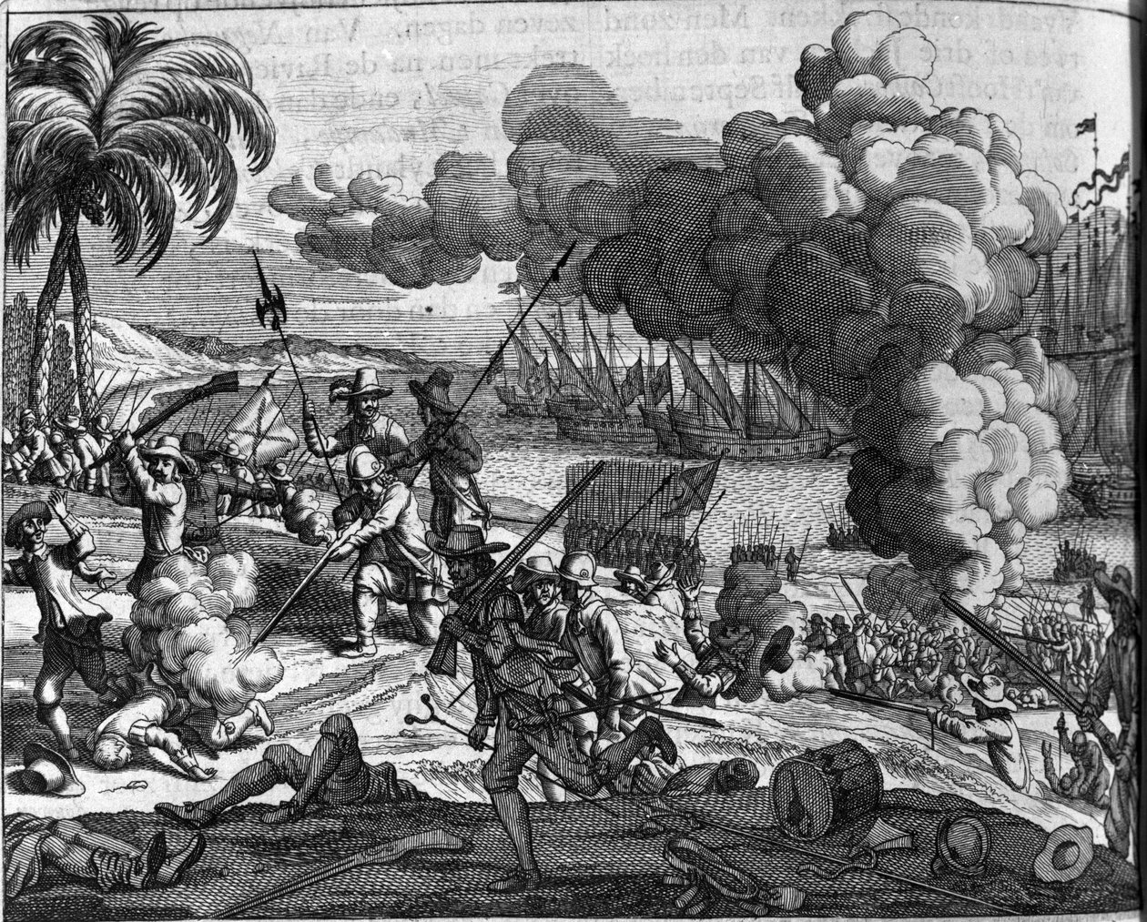 Gyarmatosítás: a holland flották a portugálokat üldözik Ceylonból (a mai Sri Lanka vagy Srilanka) 1658-ban. Holland lenyomat az „Afgoderye de oost-indische heydenen”-ből (Kelet-India országainak leírása), Philippus Baldaeus (vagy Balde) (1632) -1671), alkotó: Dutch School