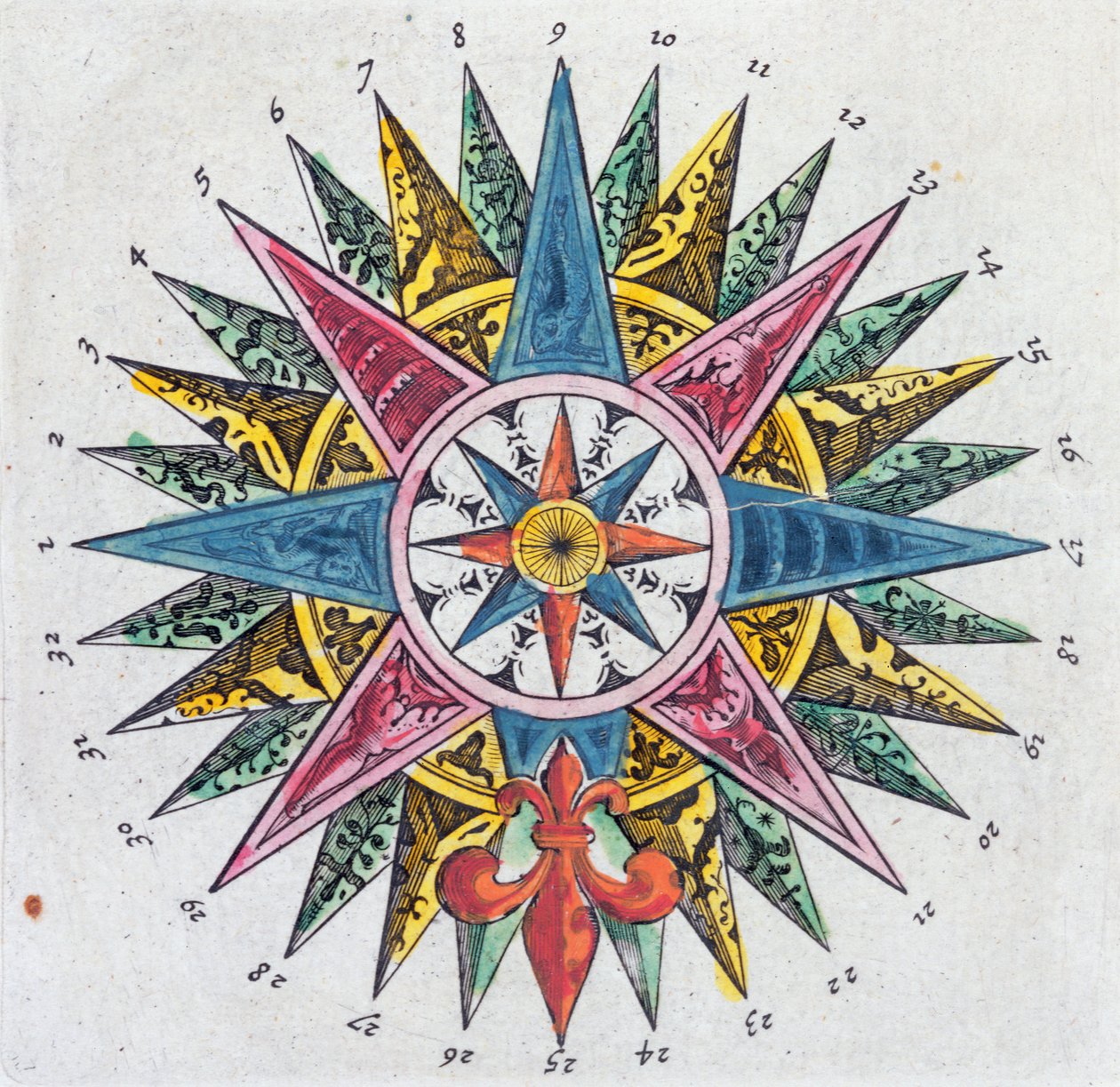 Iránytű rózsa, a Blaue Atlasból, kiadva Amszterdamban, 1697 alkotó: Dutch School