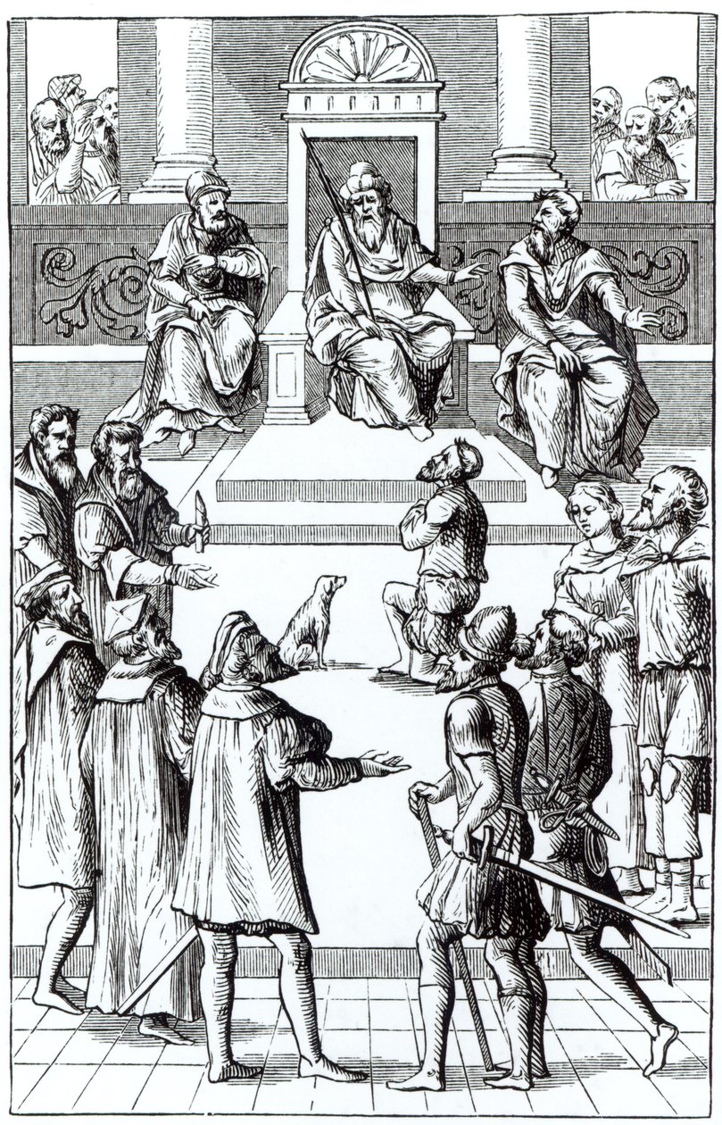 Beismerő vallomás a törvényszék előtt a Praxis Rerum Criminaliumban Joos de Damhouder (1507-81) Antwerpenben, 1556-ban megjelent fametszete után. alkotó: Dutch School