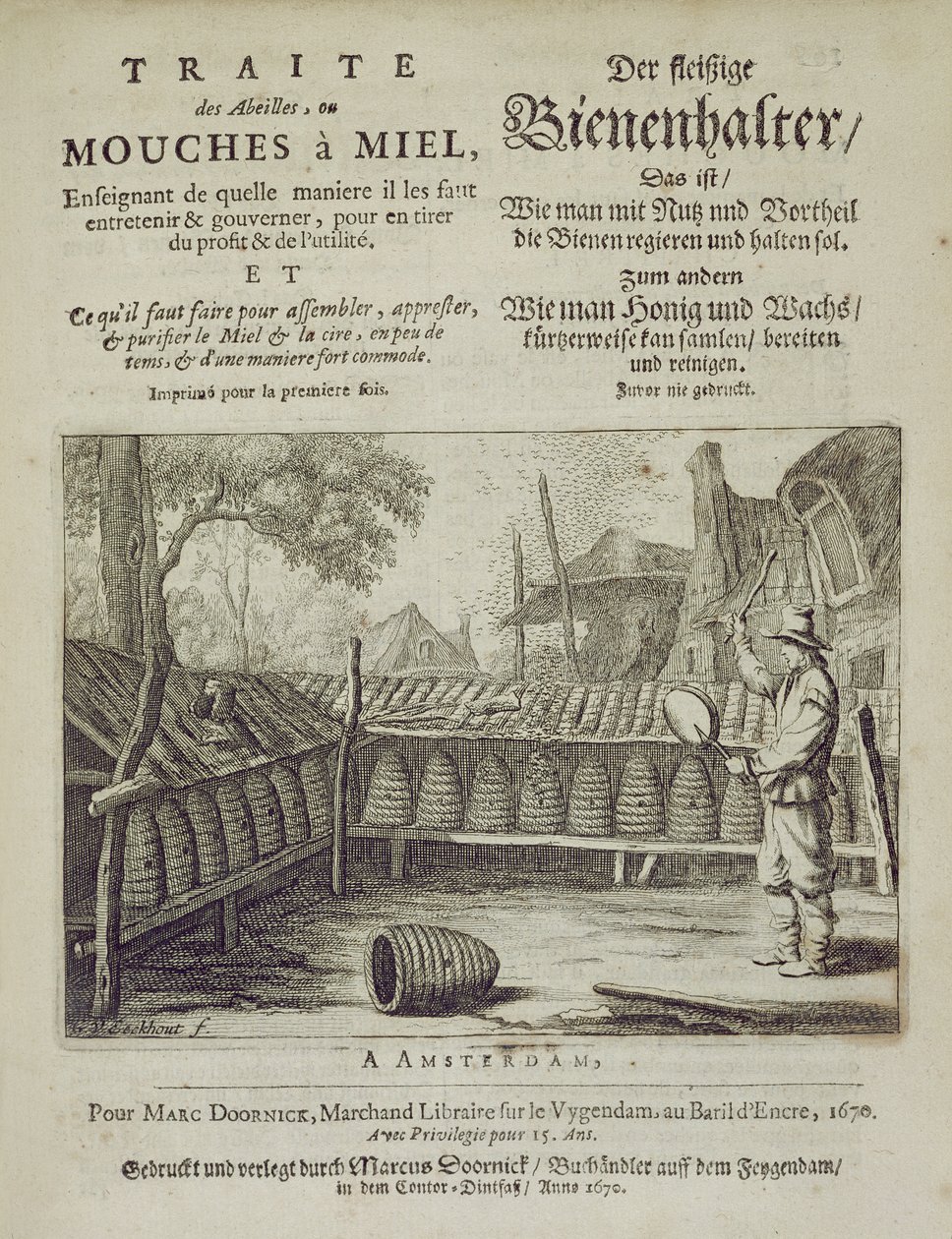 A Traite des Abeilles, ou Mouches a Miel... borítója franciául és németül nyomtatva, metszet: G.V.Eckhout, Amszterdam 1670 alkotó: Dutch School
