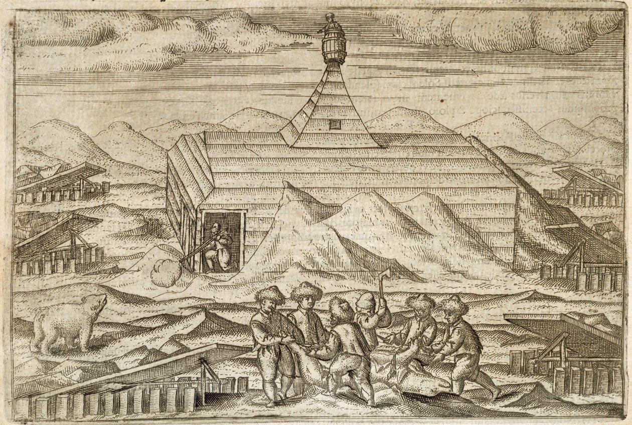 A legénység medvéket gyilkol és nyúz, azon a kabinon kívül, amelyben az expedíció telelt, illusztráció a „Diarium Nauticum, seu vera descriptio trium navigationum admirandarum...” című művéből, Gerrit de Veer alkotó: Dutch School