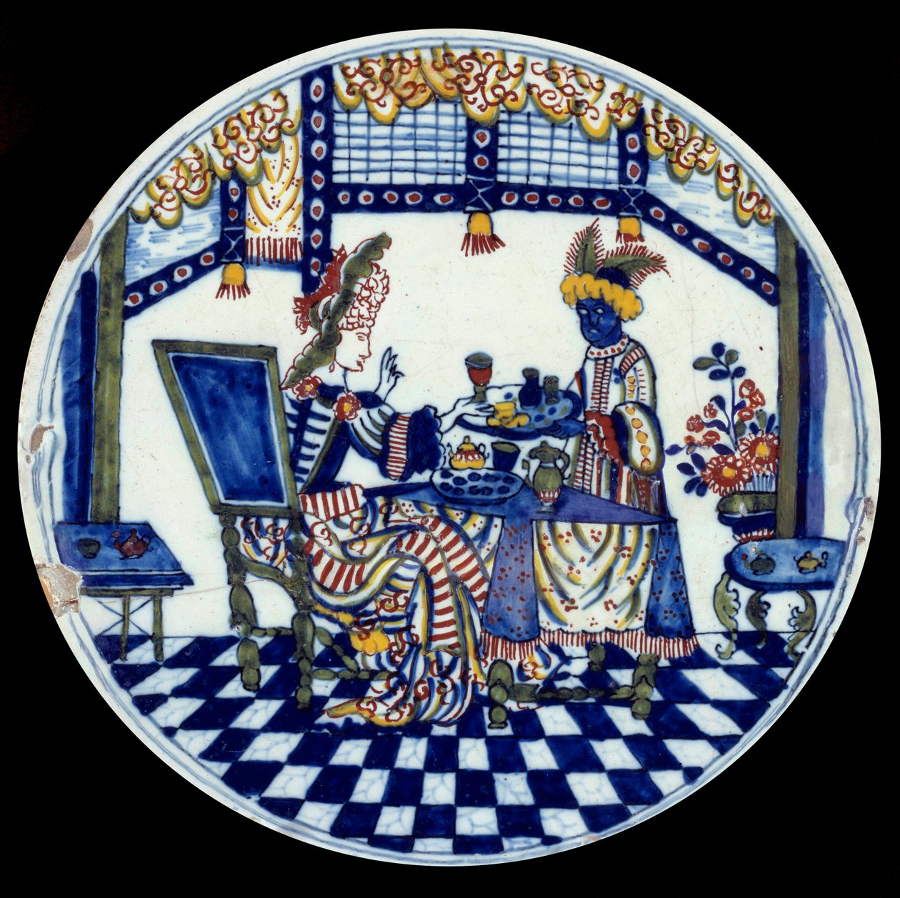 Delfti porcelántányér, amely egy nőt ábrázol egy asztalnál, amelyet fekete szolgája szolgál fel. 1705 Sevres, Nemzeti Kerámiai Múzeum alkotó: Dutch School