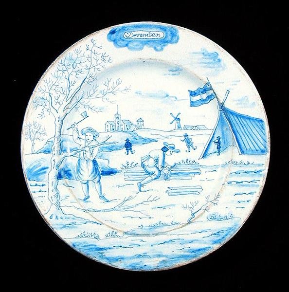 December hónapot ábrázoló tányér (ónmázas cserép) alkotó: Dutch School