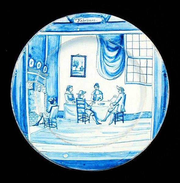Delftware tányér február hónapot ábrázolva (ónmázas cserépedény) alkotó: Dutch School