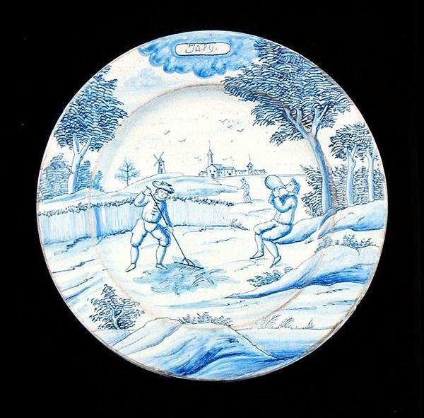 Delftware lemez július hónapot ábrázolva (ónmázas cserépedény) alkotó: Dutch School