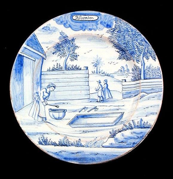 Delftware tányér november hónapot ábrázolva (ónmázas cserépedény) alkotó: Dutch School