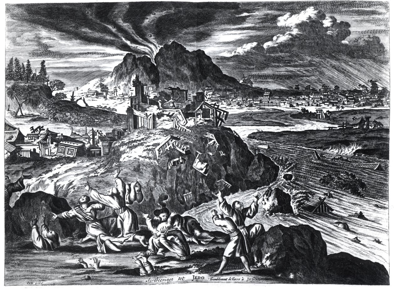 Földrengés Edóban (Tokió) 1659-ben, illusztráció Arnold Montanus beszámolójából a Holland Kelet-Indiai Társaság által a japán császárhoz küldött nagykövetségekről, 1669-ben Amszterdamban ( alkotó: Dutch School
