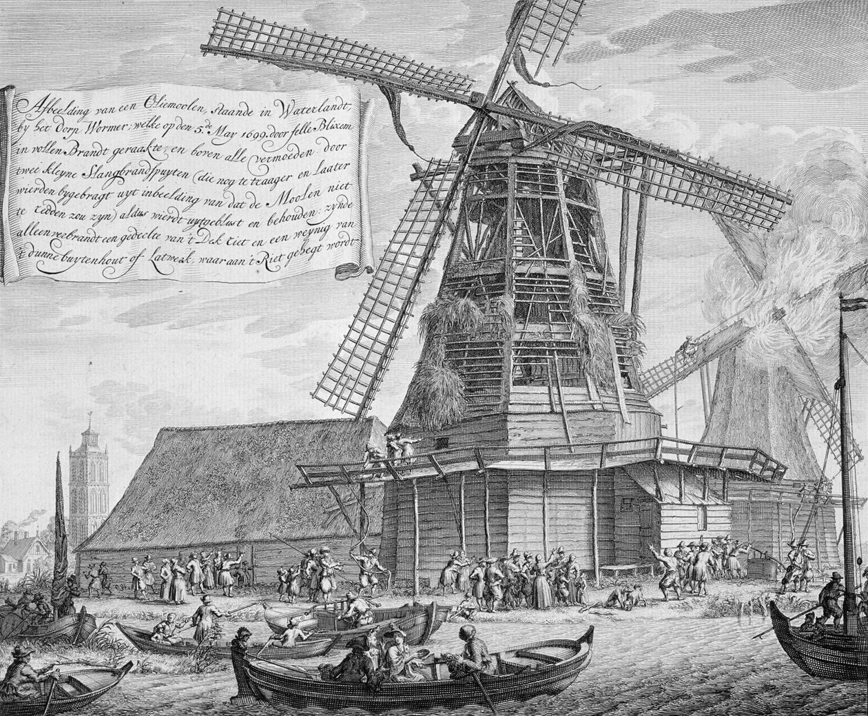 Tűz oltása egy szélmalomban Worden közelében, a Tűzoltás Hollandiában című könyvből, amely 1700 körül jelent meg alkotó: Dutch School