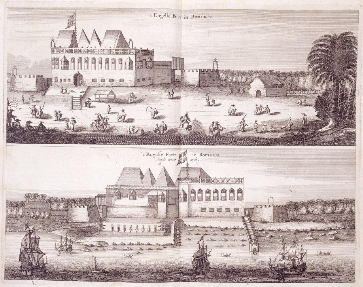 A bombayi angol erőd elülső és vízparti kilátása, 1672 alkotó: Dutch School