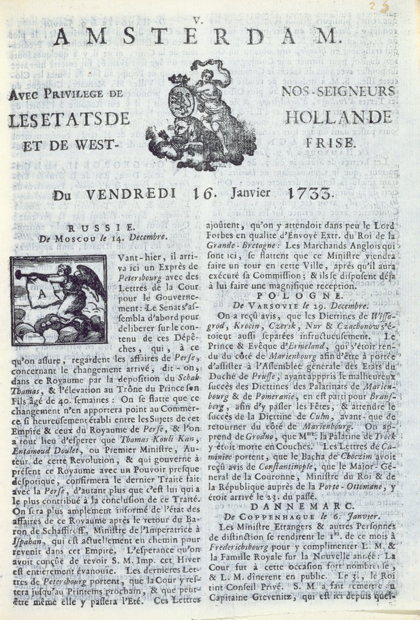 A La Gazette dAmsterdam címlapja, 1733. január 16. (nyomtatott papír) alkotó: Dutch School