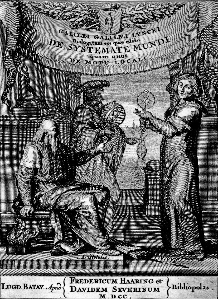Galilei Dialogus De Systemate Mundi frontispiece, 1641-ben megjelent kiadása alkotó: Dutch School