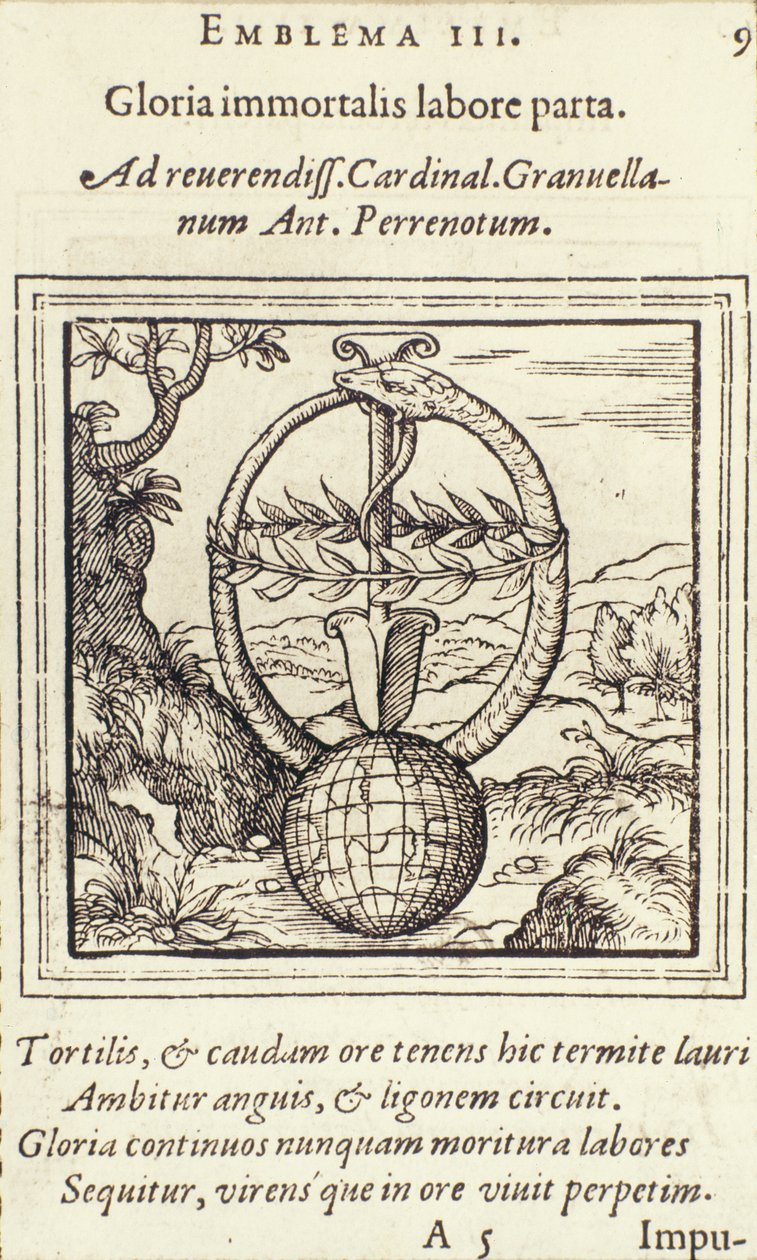 A halhatatlan munka dicsősége nyert, Adrianus Junius illusztrációja az Emblemata-ból, kiadó: Christophe Plantin, Anvers, 1565 alkotó: Dutch School