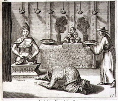Egy indiai isten templomának belseje, Athanasius Kircher (1601-80) „Kína illusztrációja” című művéből, 1667 (metszet) alkotó: Dutch School