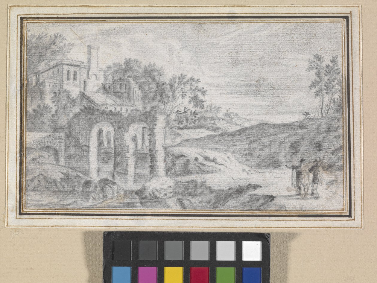 Olasz táj romokkal (fekete kréta törtfehér papíron) alkotó: Dutch School