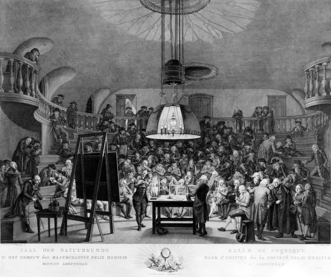 J. H. van Swinden az elektromos áram előállítását mutatja be a Felix Meritis Társaságnak, Amszterdam, 1800 körül alkotó: Dutch School