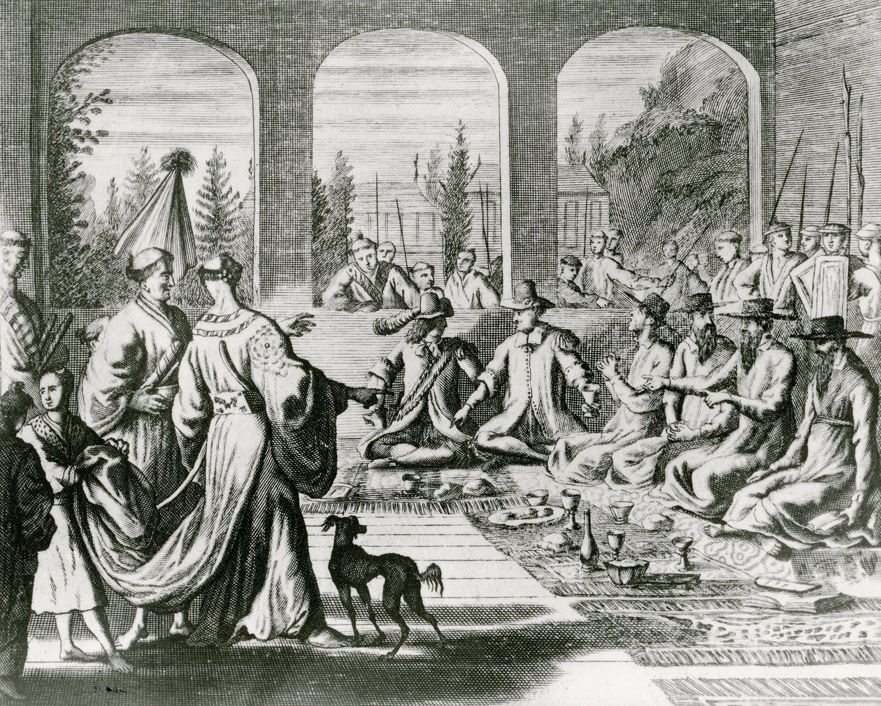 Jezsuiták holland és portugál kereskedőkkel a japán udvarban, 1670 körül (metszet) alkotó: Dutch School
