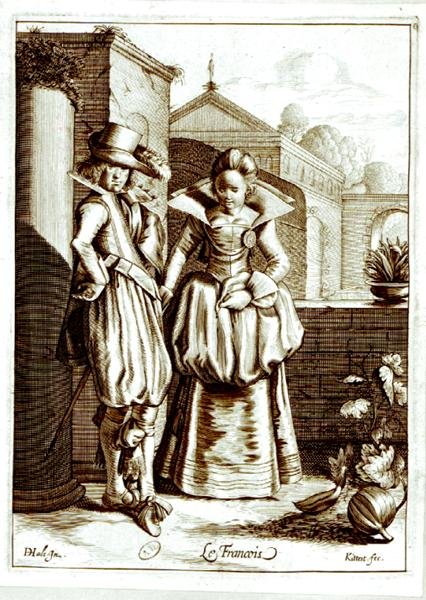 „Le Francois”, illusztráció, egy pár francia kosztümben (metszet) (f/w fotó) alkotó: Dutch School