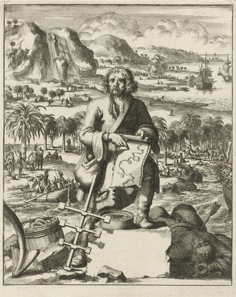 Louis Hennepin landolás Észak-Amerikában, kocsma. 1688-as metszet. alkotó: Dutch School