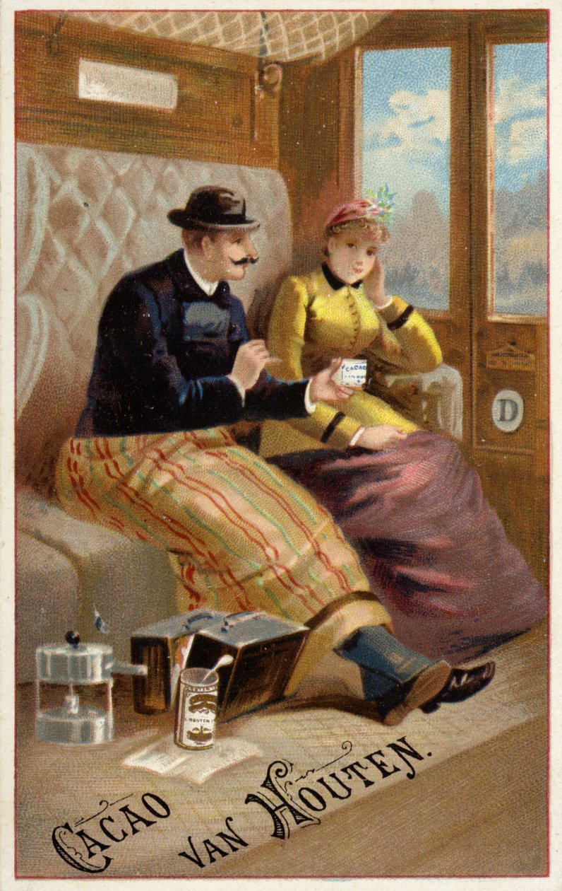 Férfi csokoládét kínál egy nőnek a vonaton (chromolitho) alkotó: Dutch School