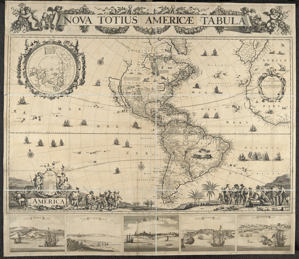 Amerika térképe, Nova totius Americae Table, [kilátással] Panama, Caput S. Augustini, New Amsterdam, S. Saviour, Name D. God. Rajzolta: Mathysz J. alkotó: Dutch School