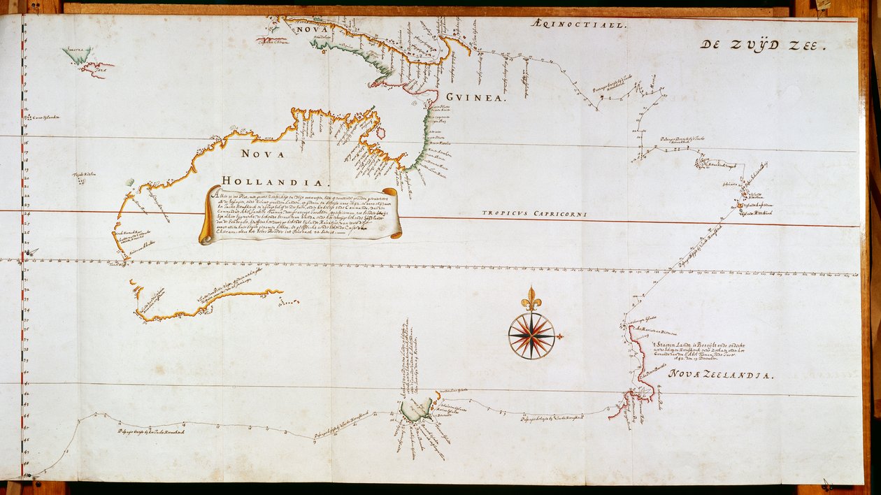 Új-Hollandia (ma Ausztrália) és Új-Zéland térképe Abel Janszoon Tasman (1603-1659) és Willem Janszoon (1570-1630) utazásai során gyűjtött információk alapján alkotó: Dutch School
