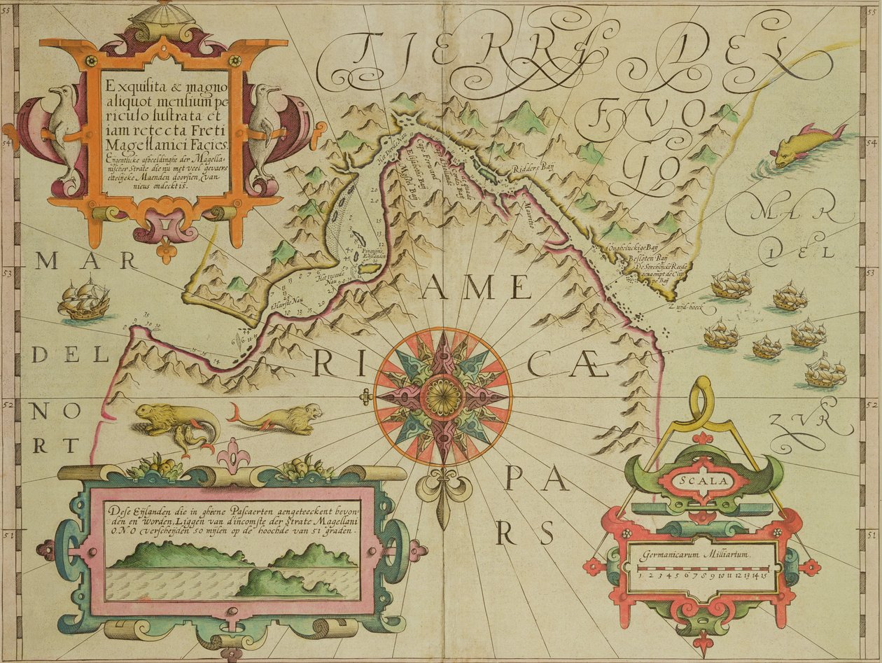 A patagóniai Magellán-szoros térképe a Mercator Atlas kocsmából. Jodocus Hondius (1563-1612) Amszterdam, 1606 alkotó: Dutch School