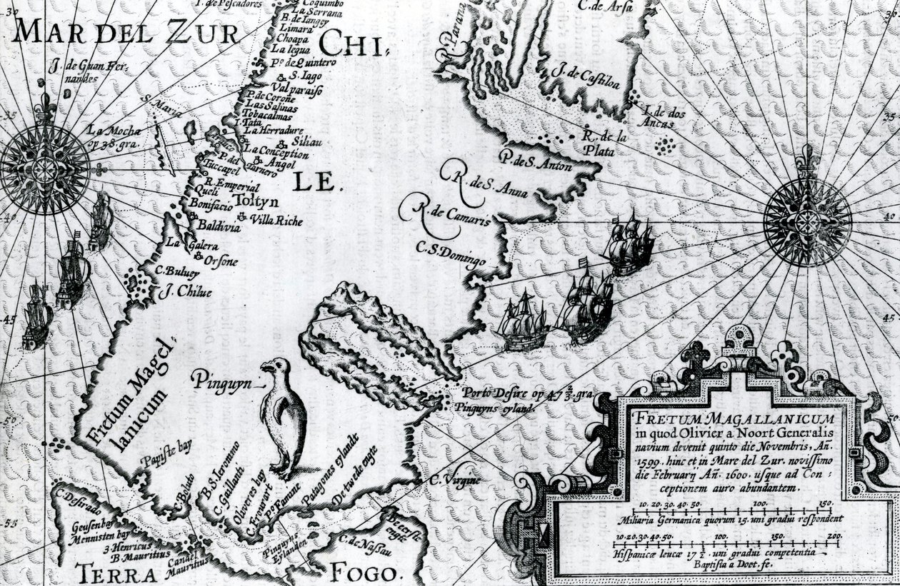 A Magellán-szoros térképe, Oliver van Noorts táblája utazásának leírása, 1602 alkotó: Dutch School