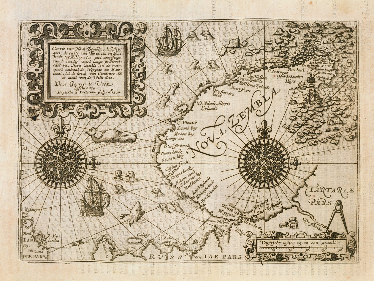 Az újonnan felfedezett Nova Zembla térképe, a Diarium Nauticum illusztrációja, vagy három csodálatra méltó utazás valódi leírása... alkotó: Dutch School