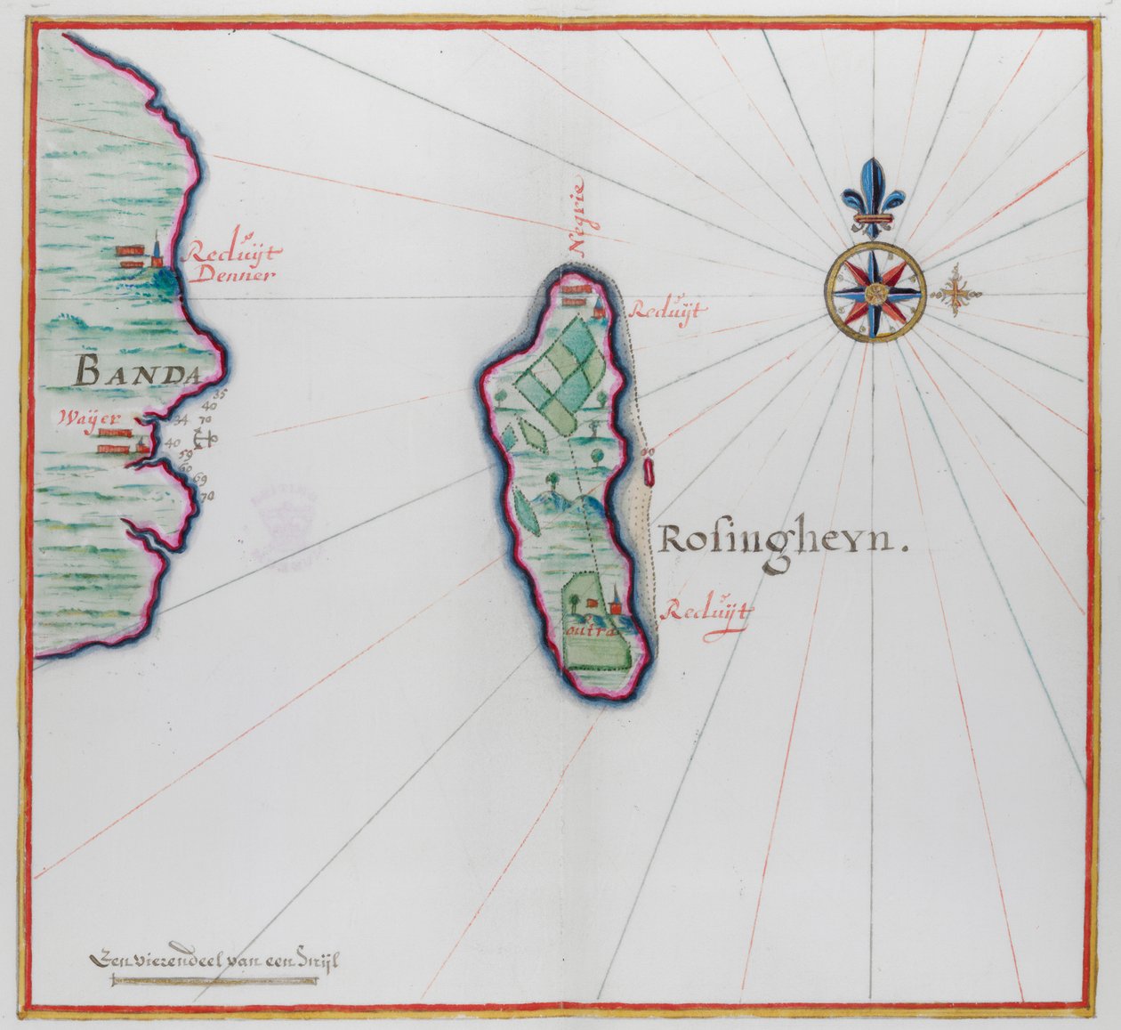 A térképen Banda Besar (Lonthoir) és Hatta (Rosengain.) kis része látható. A Bnda-szigetek, az indonéz Maluku tartomány része. alkotó: Dutch School