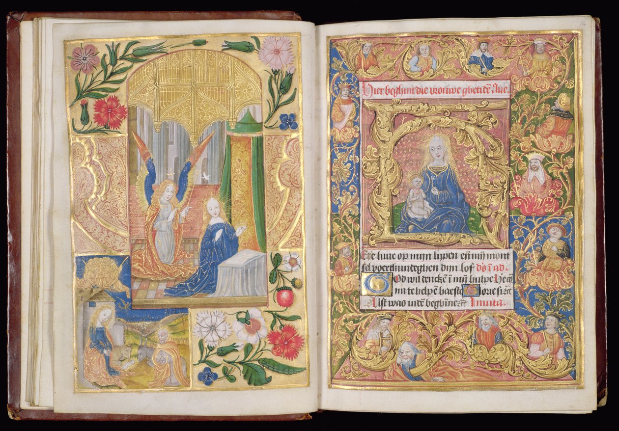 Ms 144, ff.13v-14r: Az Angyali üdvözlet és a Szűz és a gyermek, miniatúrák egy Órakönyvből, Utrecht használata, 1500-20 körül (arany levél, arany és színes tinták pergamenen) alkotó: Dutch School