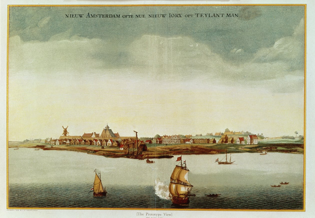 Új Amszterdam, 1650-53 körül (The Prototype View) a Stokes Iconography, 1. kötet, 1915. előlapjához használt (színes nyomtatás) alkotó: Dutch School