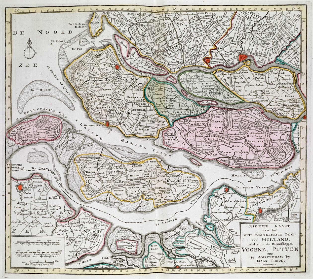 Hollandia délnyugati részének új térképe, beleértve a Voorne, Putten stb. végrehajtóit. [Harminchat Hollandia térképe] Isaak Tirion 1739 és 1757 között. alkotó: Dutch School