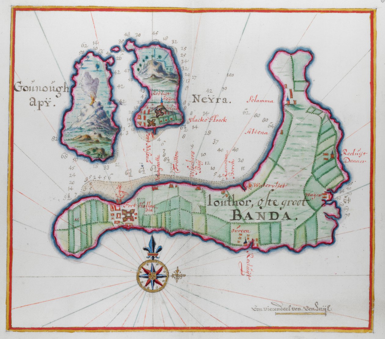 Képes térkép három Banda-szigetről. alkotó: Dutch School