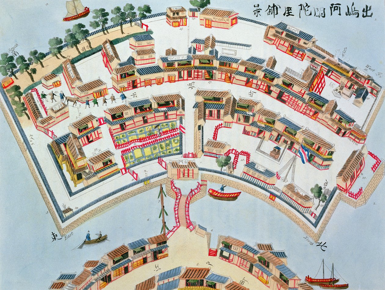 A nangaszaki Desima szigeten található holland gyár terve, Isaac Titsingh (kb.1740-1812) Japán illusztrációiból, London, 1822. alkotó: Dutch School