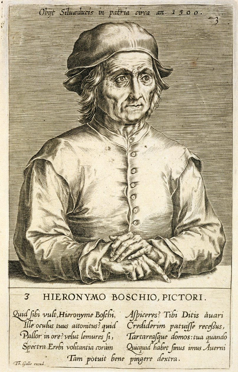 Hieronymus Bosch (kb. 1450-1516) portréja, 3. tábla egy művészportrésorozatban, Theodor Galle (1571-1633) metszetében alkotó: Dutch School