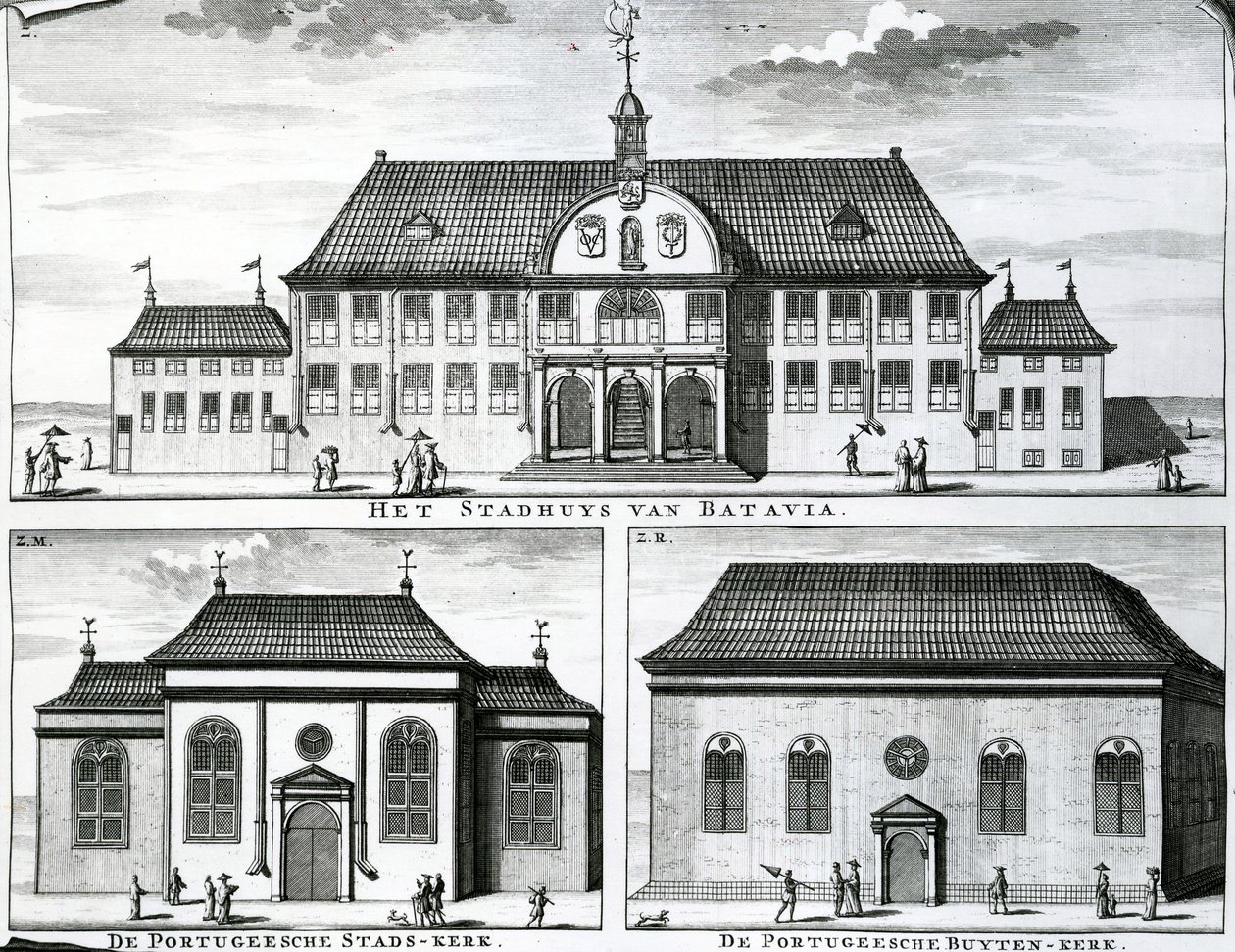 Portugál templom és városháza Bataviában, 19. század, alkotó: Dutch School